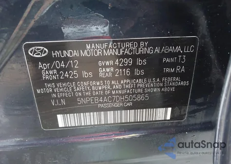 2013 Hyundai Sonata Gls z USA, uszkodzony, nr VIN 5NPEB4AC7DH505865